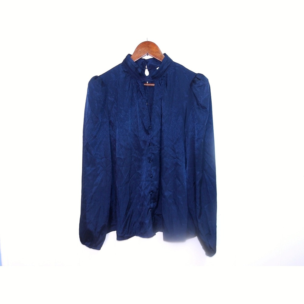 TCEC Navy Blue Silky Button Detail Blouse Shirt Women Keyhole Neck Lg / #1194